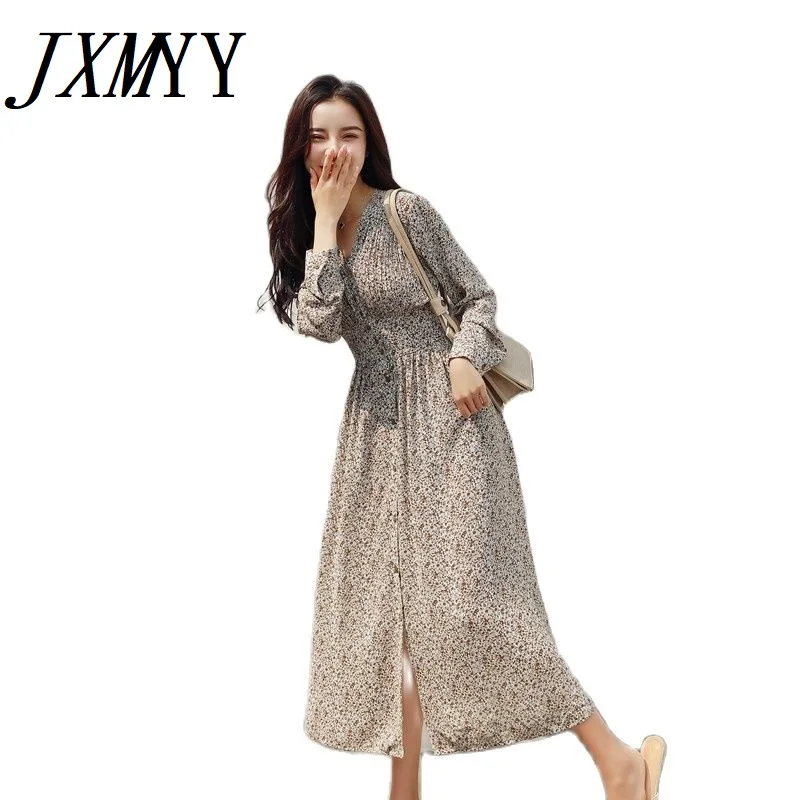 

JXMYY 2022 весенне-осеннее модное женское платье средней длины с длинным рукавом и тонким V-образным вырезом