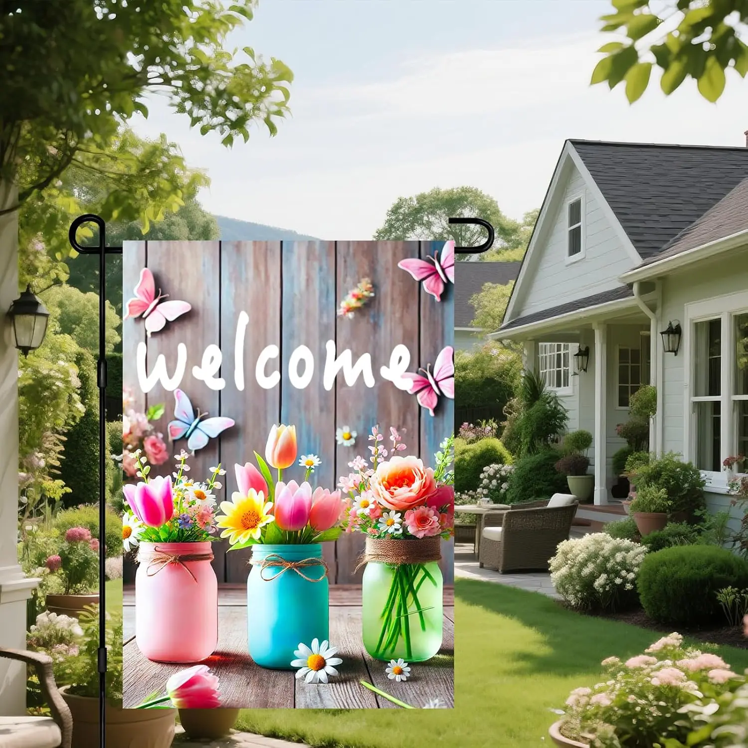 Фото Флаг IVN Spring Garden 12x18 дюймов, двусторонний, для улицы, сезонный, с цветочными горшками и бабочками, для WZZ №5
