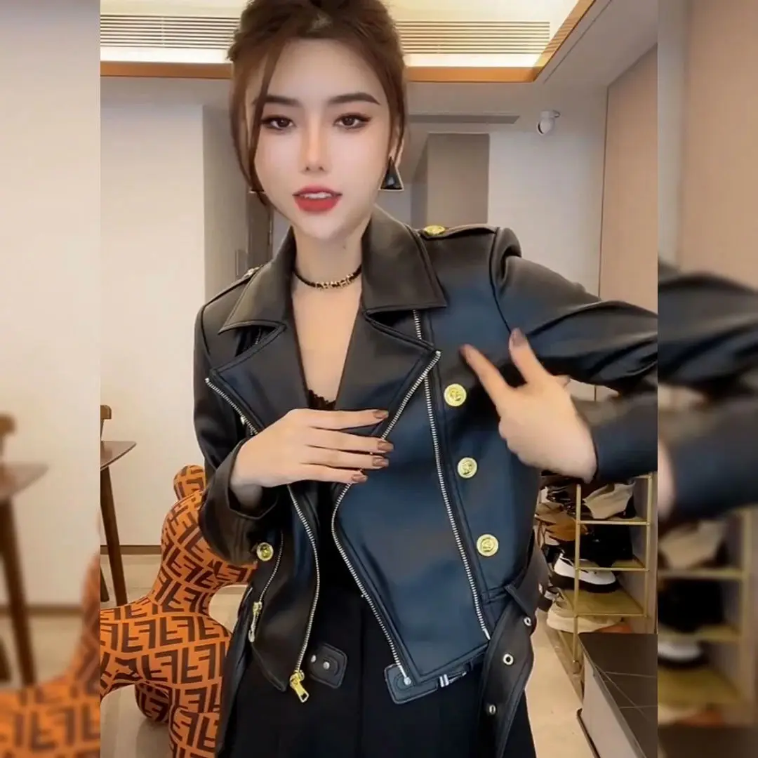 1pcs Women's PU Leather Jackets Coat 2022 Autumn Fashion Faux Fur Sequins Splicing Zipper Ladies Skinny Locomotive Small Coats