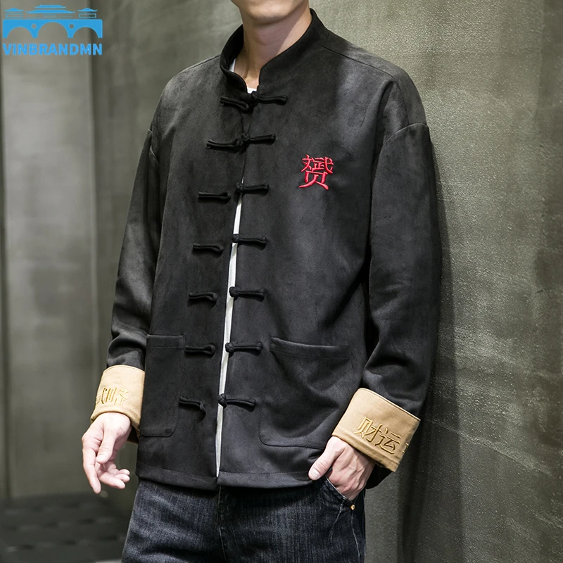 

Замшевое платье контрастных цветов, мужская куртка в китайском стиле с вышивкой и воротником-стойкой, Повседневная Уличная модная куртка Hanfu
