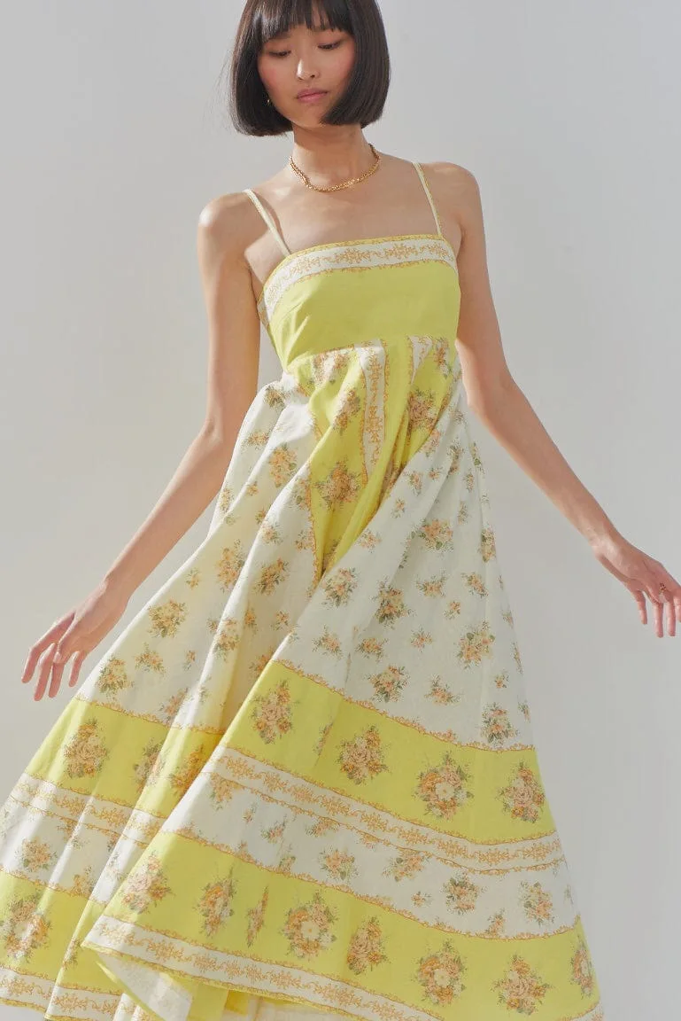 

Women Bobemian Style Strapless Yellow Floral Print Midi Linen Sling Dress