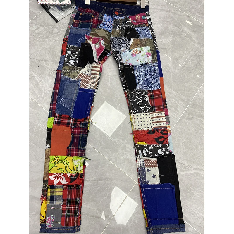 New Youth Trend Streetwear Mens Jeans Stitching Small Straight Denim Jeans Stretchless Jeans Fashion Full Length Men Pants