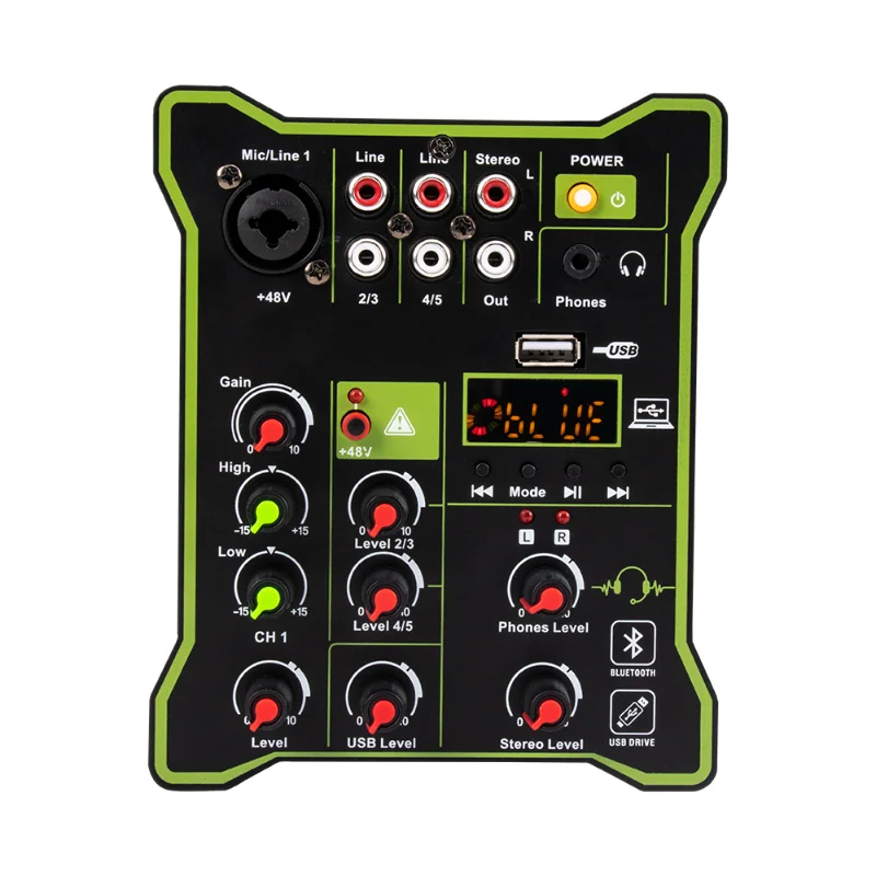

5 Channel Mixing Console DC 5V Audio Mixer XLR Output Bluetooth-compatible USB Record Professional DJ Audio