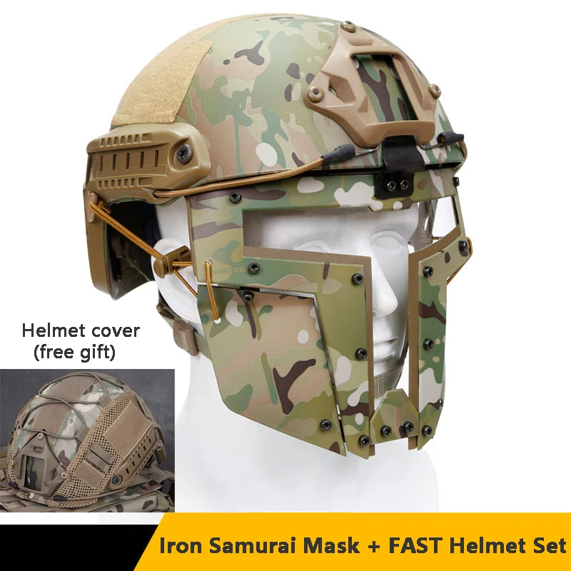 Warrior Iron Samurai Mask Pack Spartan Tactical Camouflage Mask Outdoor Protective Mask and FAST Helmet Set Gift Helmet Cover