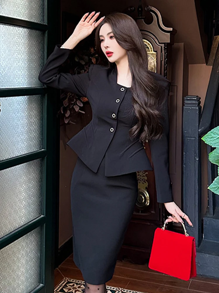 New High Quality 2 Pieces Outfit Suits Women Black Temperament Formal Chic Tops Coat Blazer Suit Waist Midi Skirt Slim Sets