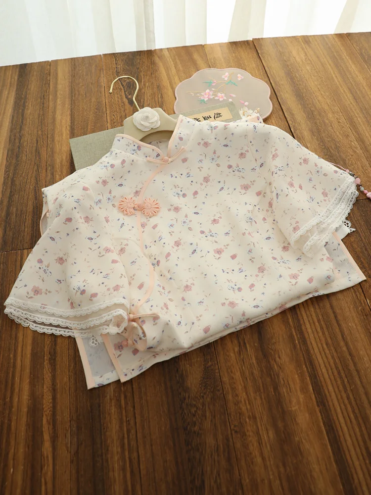 

Fairy Pink Floral Upside-Down Big-Sleeved Cheongsam Dress 2022 Summer New Style Fresh Mori Girl Flower Dresses