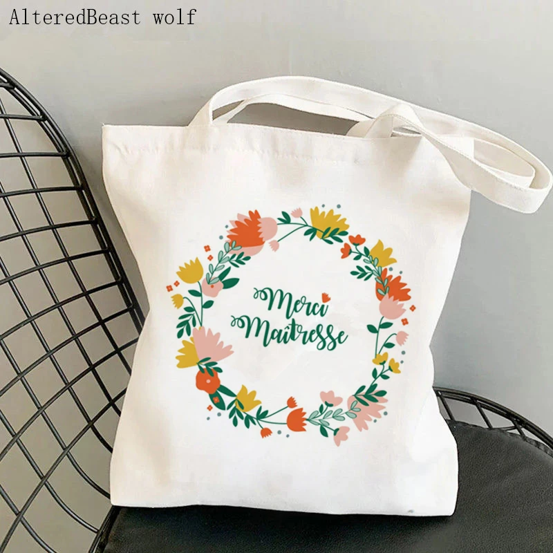 

French merci maîtresse Women Canvas Shopping Bag Eco Harajuku Shoulder Bags Thank You Mistress School Bags teacher Gift