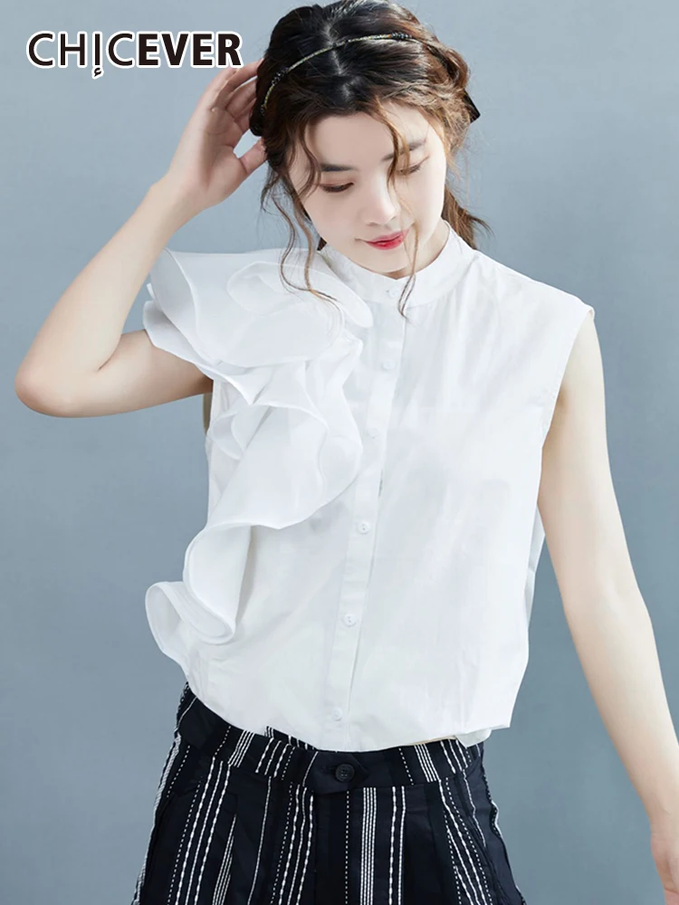 

CHICEVER Irregular Patchwork Shirt Female Stand Collar Sleeveless Single Breasted Solid Slim Blouses Female Summer Clothing New