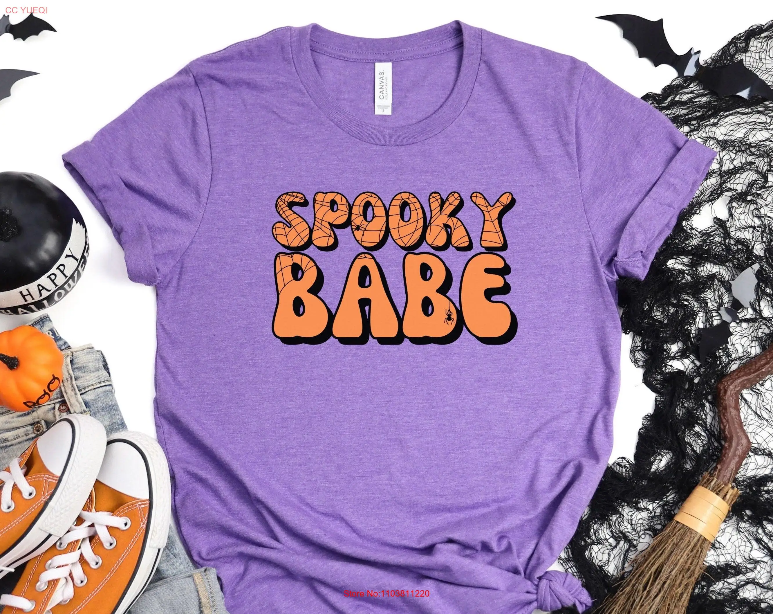 Фото Spooky Babe T Shirt halloween season trick or treat vibes party tee spider web long or short sleeves №1