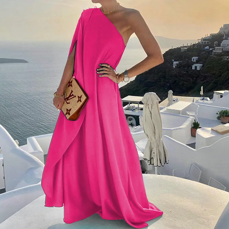 

Temperament and elegance 2022 summer new women's clothing temperament fashion solid color loose one-shoulder long dress