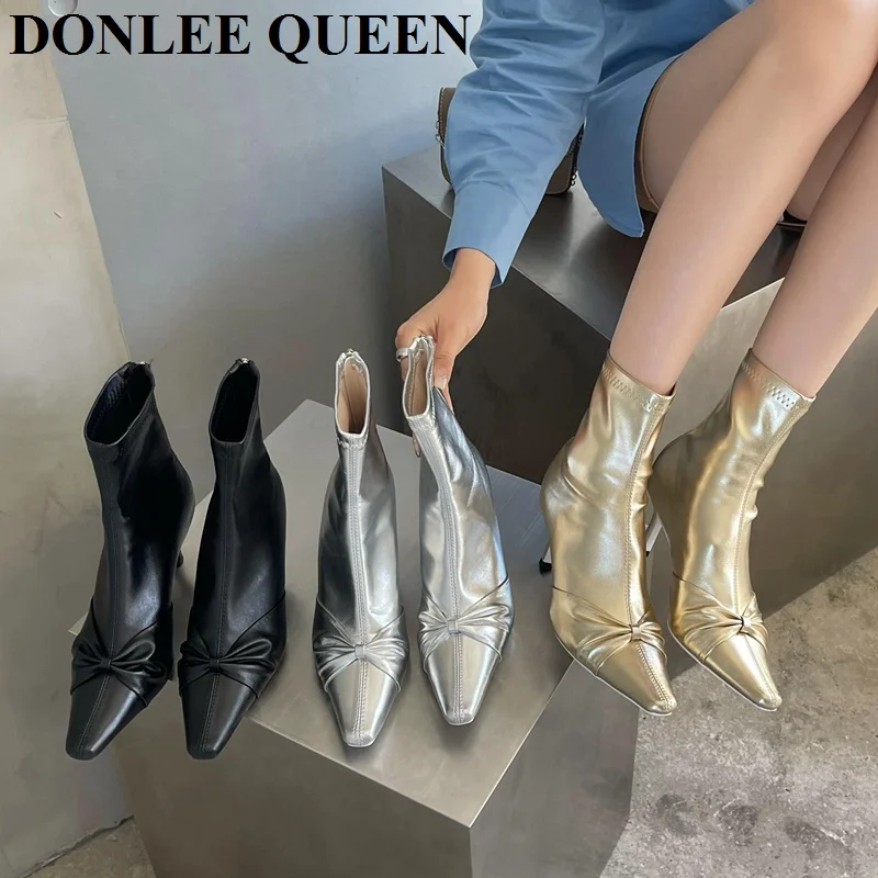 

Женские ботильоны на высоком каблуке, ботинки челси с острым носком, модные брендовые короткие ботинки золотого, серебристого и черного цве...