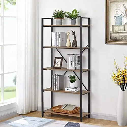 Tier Industrial Bookshelf, Rustic Open Bookcase for Display, Dark Wood and Metal Shelving Unit and Tall Book Shelves for Home Of