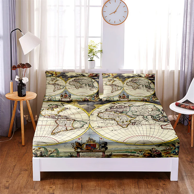 

Bedding Set Map Fitted Sheet Set Bed Set Mattress Cover Four Corners Elastic Band Non Slip Bed Sheets and Pillowcases