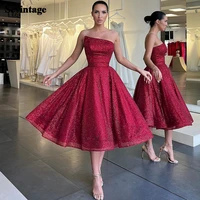 sevintage dark red short prom dresses 2022 shiny tulle strapless evening gown formal party dress a line graduation gowns