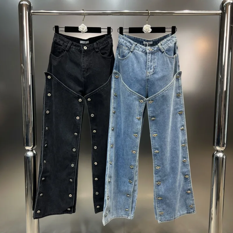 

BORVEMAYS Denim Straight-leg Pants Double Breasted Solid Color High Waist Solid Color 2023 Autumn New Trend Jeans WZ5164