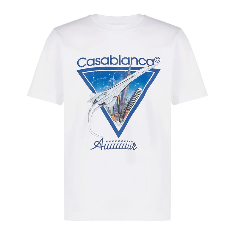 

CASABLANCA 23SS Aircraft Landscape Alphabet Print Casual Loose Pullover Men's and Women's Short Sleeve T-shirt Couple Tops