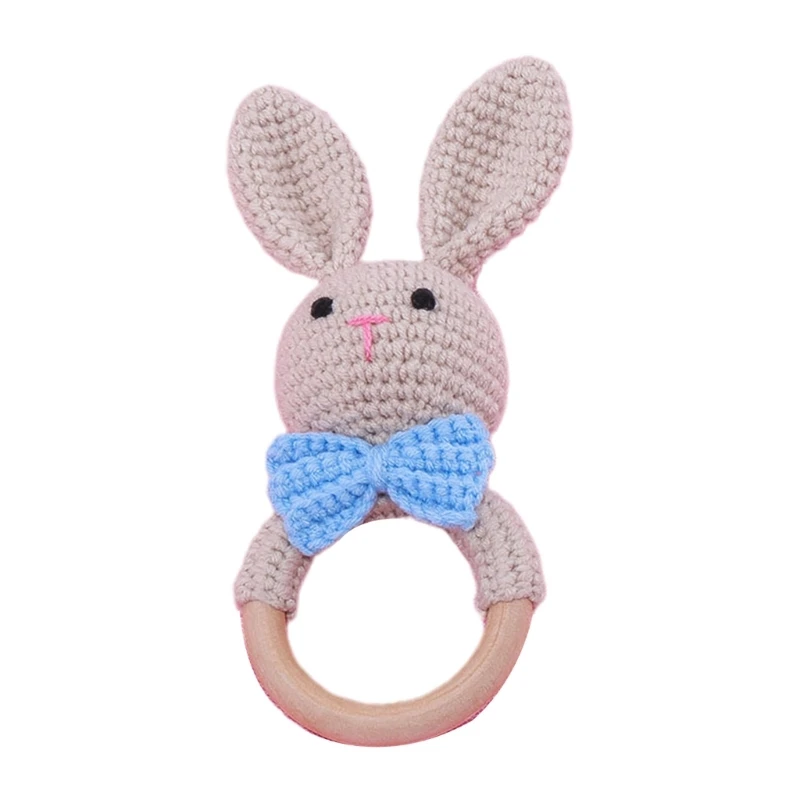 

67JC Bunny Teether Crochet Animal Rattle Molar Rod Teething Gift Hand Bell Wood Rattle Ring for Play Gym Toy for Infant 3/6/9