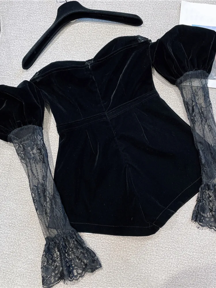 DEAT женский топ без пятки с кружевным рукавом золотые бархатные костюмы круглый