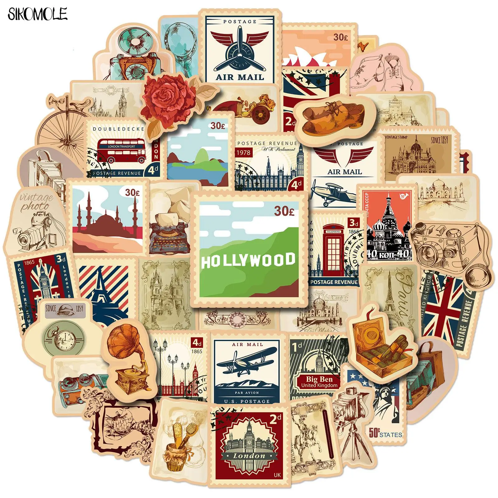 

10/30/50PCS Retro Stamp Stickers Renaissance Stamps INS DIY Toys Decorative Suitcase Luggage Laptop Decals Graffiti Sticker F5
