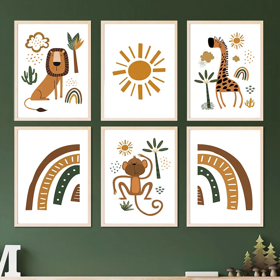 Картина с изображением Льва жирафа радуги Листьев джунглей животных детской