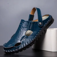 mens handsewn slipper breathable summer new brand fashion cow split casual sandals male outdoor hollow comfy flat leisure shoes