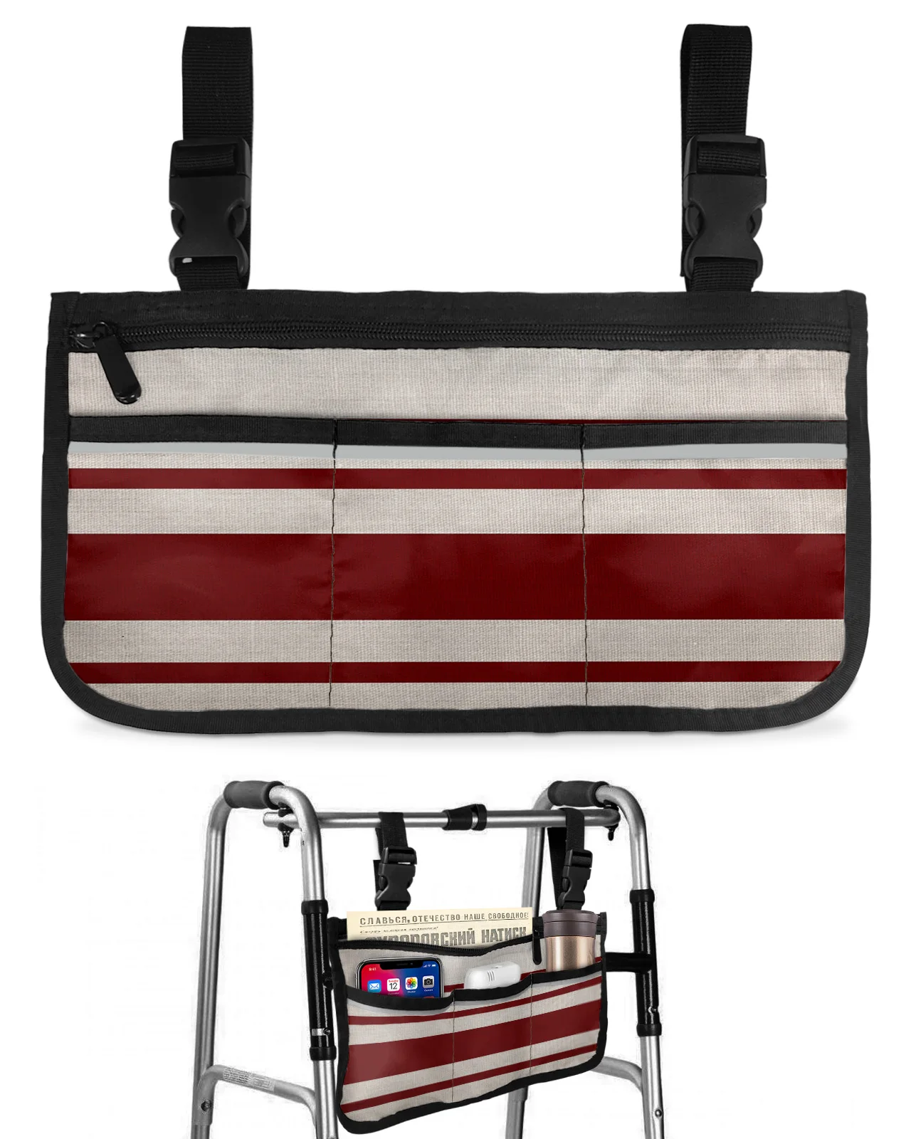 

Vintage Stripe Texture Red Wheelchair Bag With Pockets Armrest Side Bags Electric Scooter Walking Frame Storage Pouch