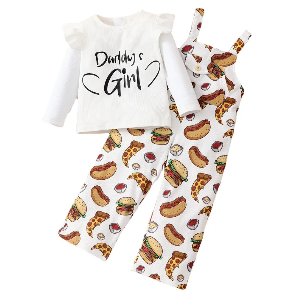 

ZAFILLE Cute Girls Clothes Set "Daddy's Girl" Top+Burger Hot Dog Pizza Printed Overalls Funny Kids Clothing Party Baby Costume