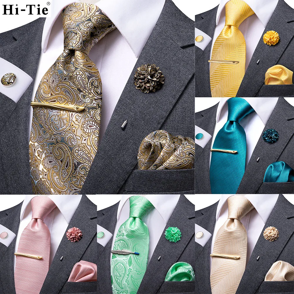 

Hi-Tie Business Yellow Blue Solid Tie For Men Silk Men's Tie Clip Boutonniere Hanky Cufflinks Set Gift For Men Luxury Necktie