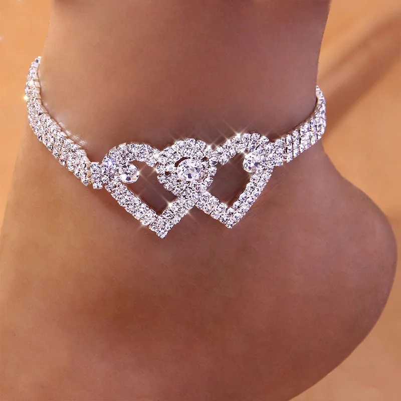 

Ins Shiny Rhinestone Fashion Gold Color Double Heart Anklet for Women Bling Hollow Out Love Foot Ankle Leg Bracelet Chain Anklet