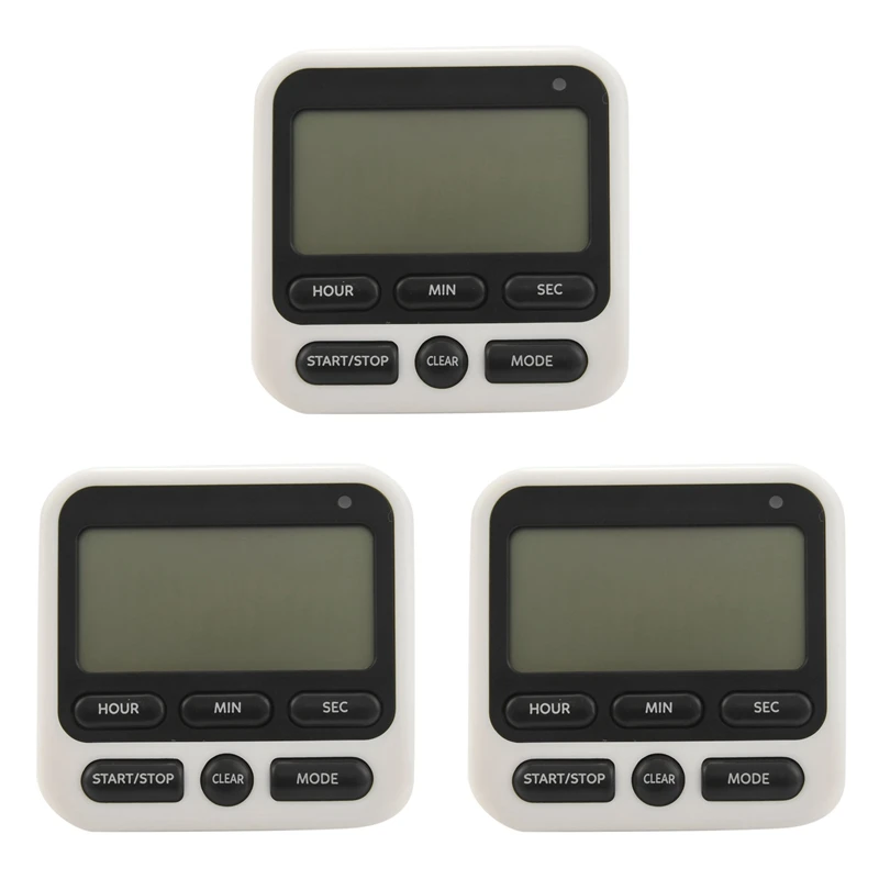 

3X Digital Kitchen Timer With Mute/Loud Alarm Switch ON/OFF Switch, 12 Hour Clock & Alarm