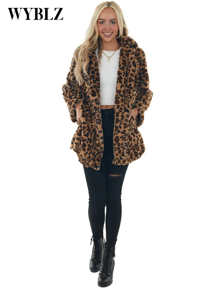 Ladies Faux Fur Jacket Leopard Print Cardigan Winter Faux Fur Coat Luxury Warm Plush Coat Fashion Fur Top Coat High Quality