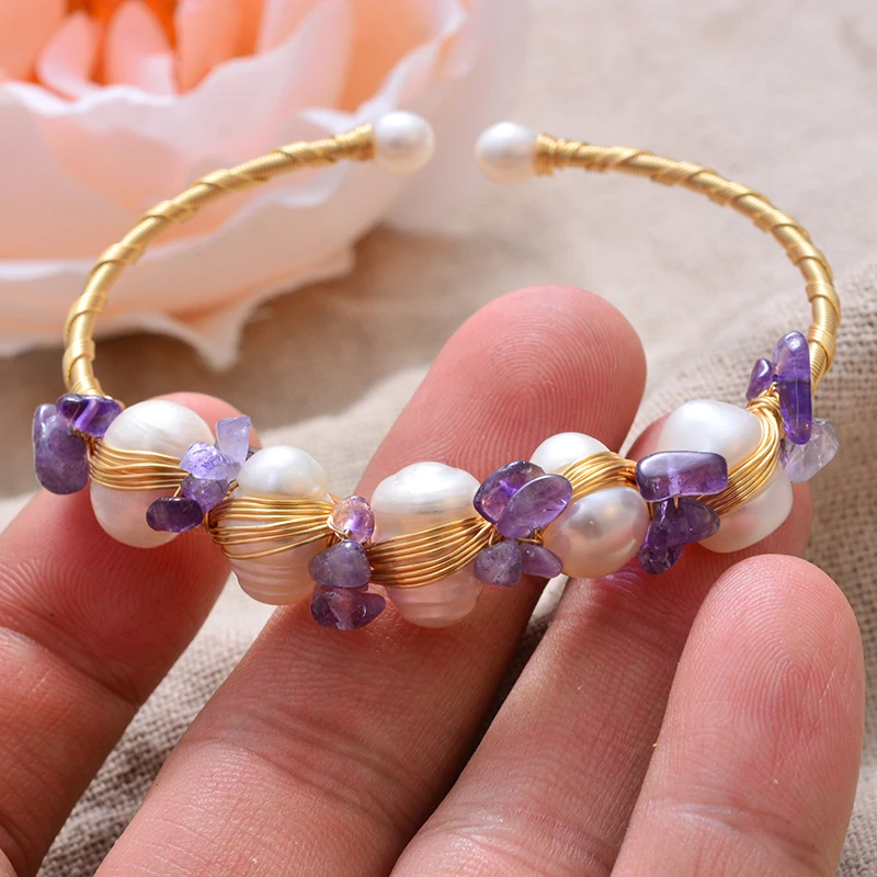 100% натуральный пресноводный жемчуг и Фиолетовый Кристалл 14K позолоченный