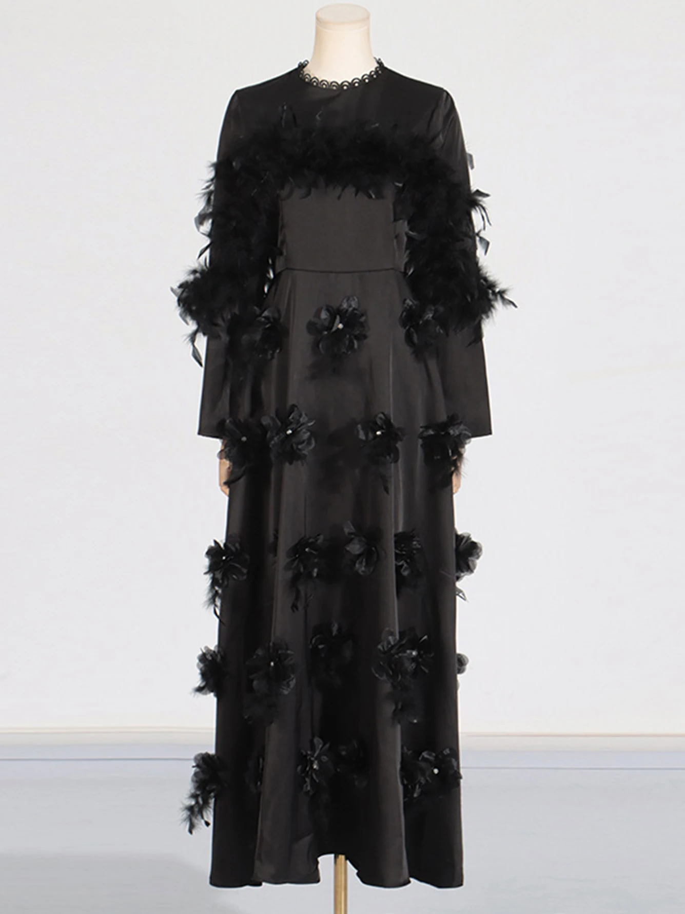 Женское платье-макси с круглым вырезом длинным рукавом и цветочным 3D принтом