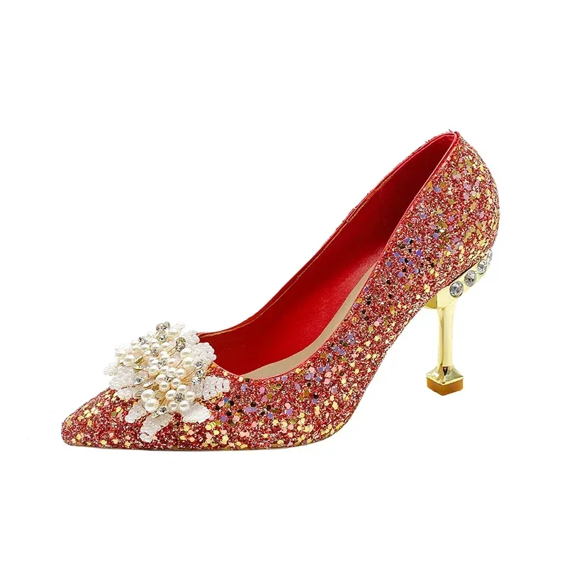2024 весенне-осенние новые большие корейские красные свадебные туфли со стразами
