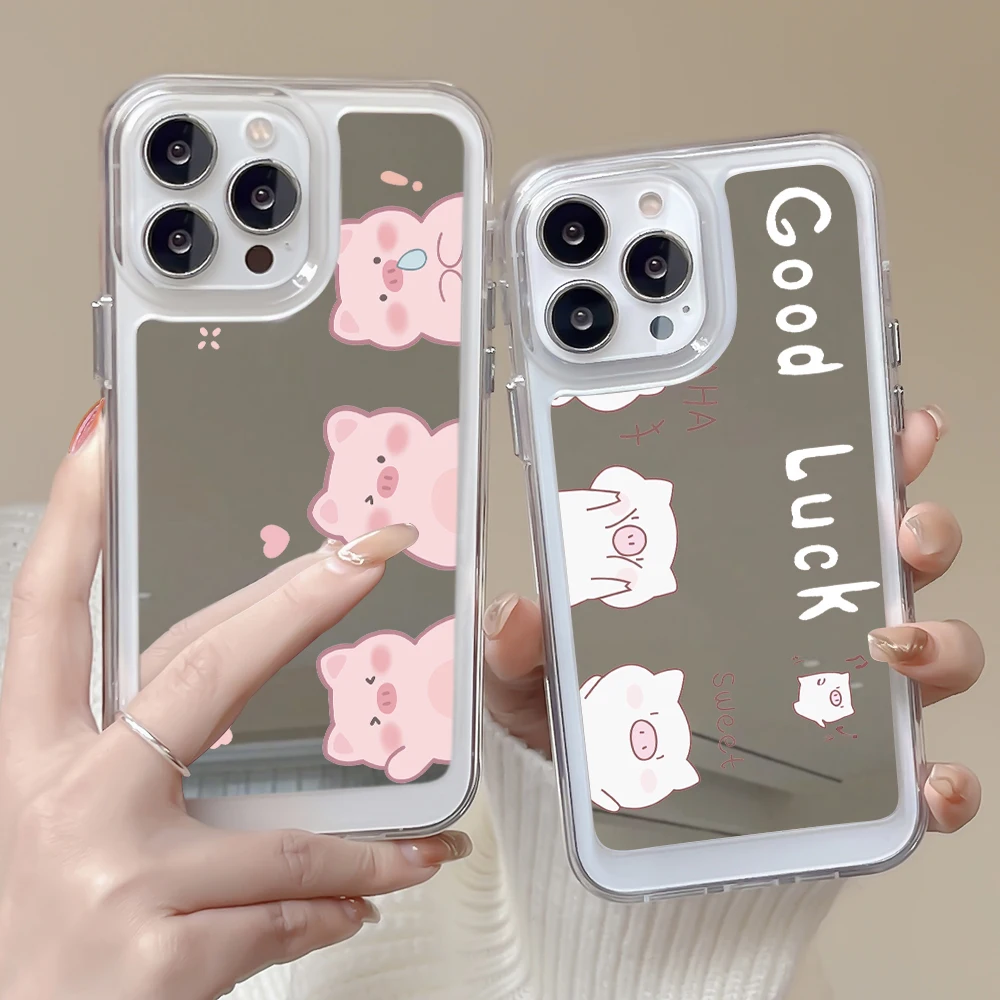 

Cartoon Cute Pig Phone Case for IPhone 13 14ProMax 14Plus 12 11 Pro Max Luxury Transparent Shockproof Soft Cover with Mirror