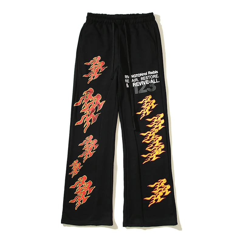 

Y2K Flame 123 Print Washed Baggy Terry Sweatpants Unisex Streetwear Loose Oversized Drawstring Trousers Men's Casual Pants