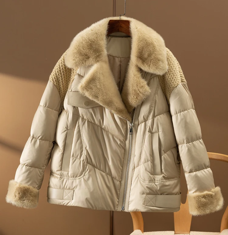 90% White Goose Down Casaco Feminino  Women Jacket Patchwork Mink Sheepskin High Street Fashion Zipper Warm Coat