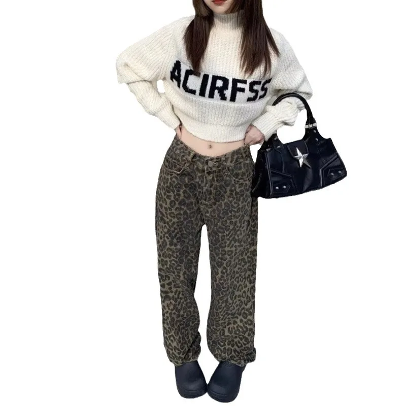 Брюки с леопардовым принтом American High Street 2024 весна и осень новые повседневные брюки