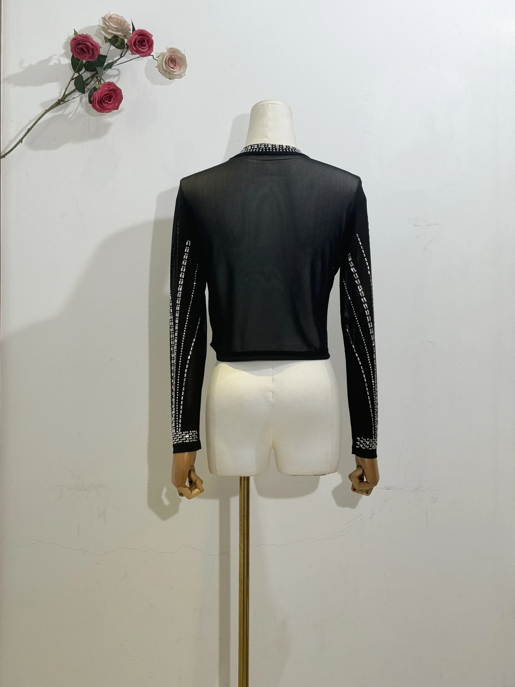 Женский праздничный Топ H80 &amp S90 Сетчатая футболка с круглым вырезом и длинным