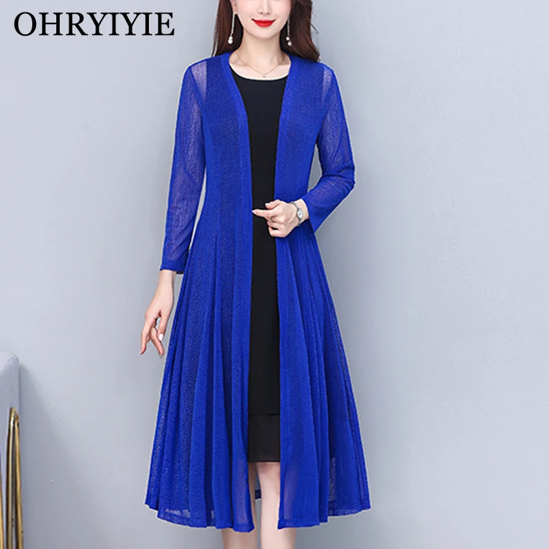 

OHRYIYIE Large Size Long Lace Tulle Cardigan Women Poncho 2023 Casual Long Sleeve Knitted Sweater Female Thin Ice silk Tops Coat