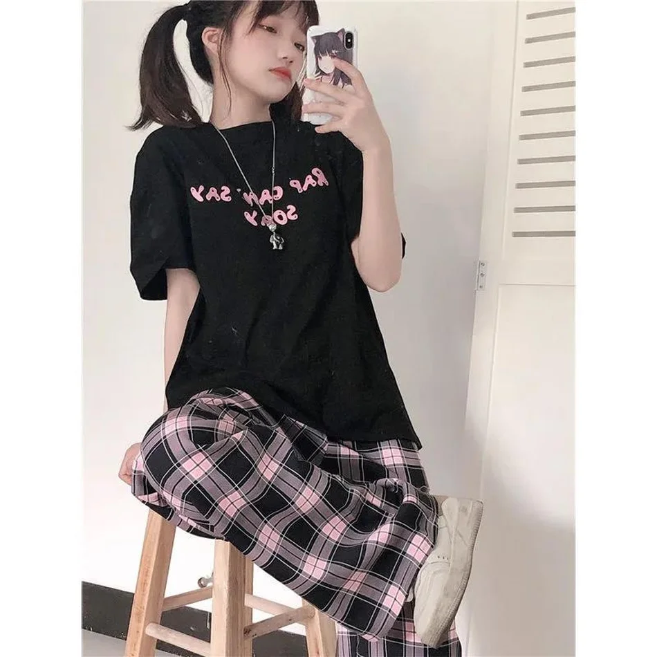 2022 Women Plaid pants Oversize spring Casual Loose Wide Leg Trousers Ins Retro Teens Straight Hiphop Streetwear | Женская одежда