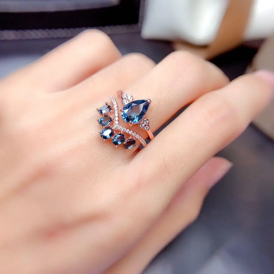 

Natural New Multi-wear Natural London Blue Topaz Ring Female Crystal Clean Fire Sparkling Seiko Silver Inlay