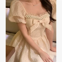 fashion square collar beaded princess dress for women socialite bow short puff sleeve party dresses ladies vestidos summer 2022