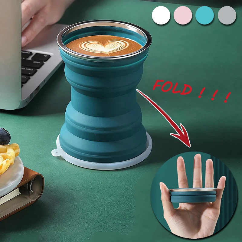

Portable Silicone Folding Water Cup Outdoor Heat Resistant Foldable Mug with Lid Collapsible Travel Drinking Cups for Camping