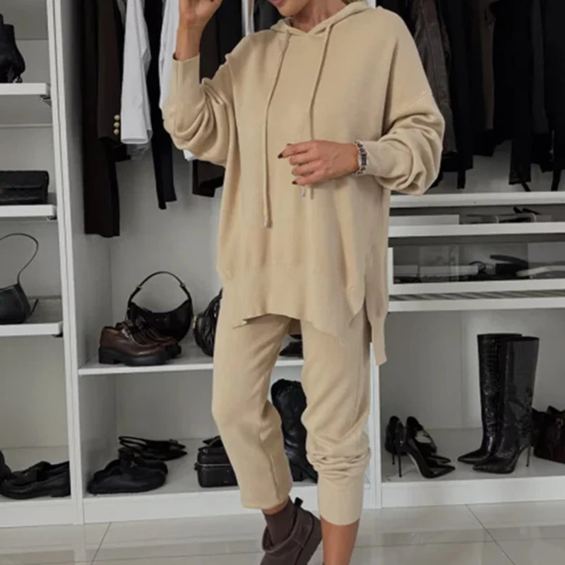 Autumn Winter Women's Hooded Top 2 Piece Set Casual Solid Loose Sports Pants Suit New 2024 Fashion Commuting Sweatshirt Outfits
