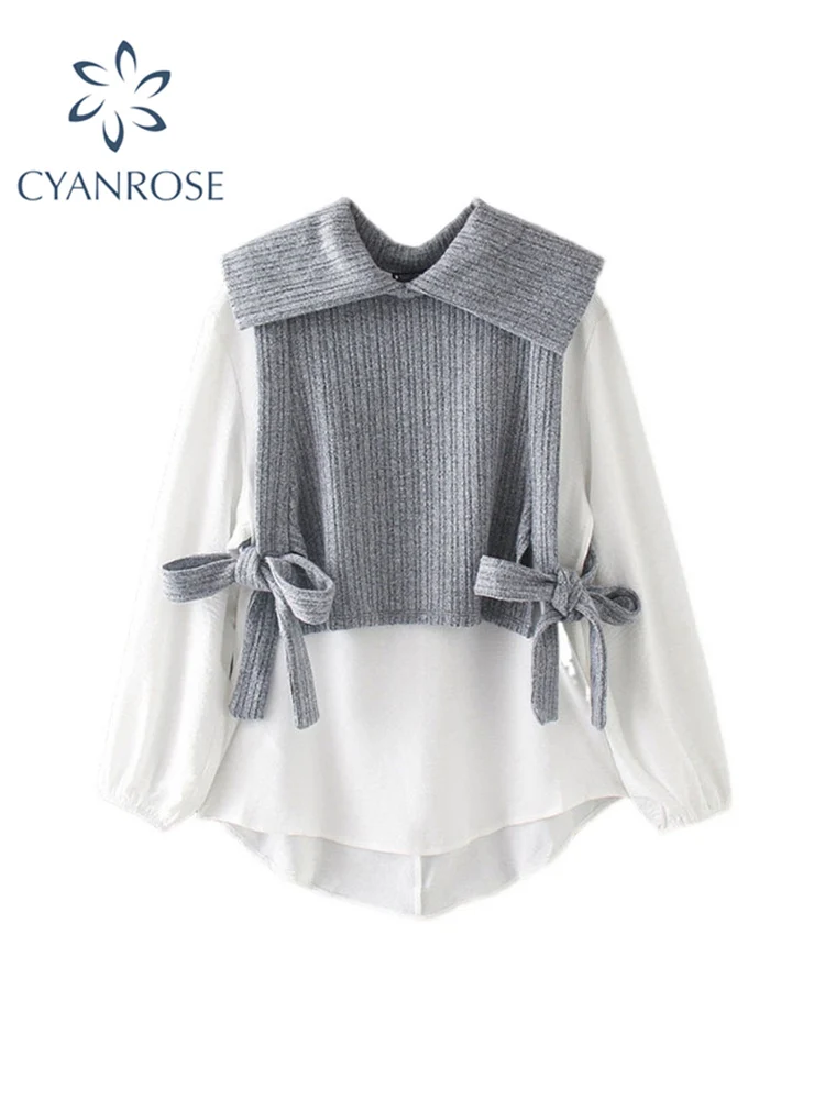 

Lapel Collar Blouses Women Chic Fake Two Knit Patchwork Shirts 2022 Autumn Winter New Loose All-match Temperament Tops Female