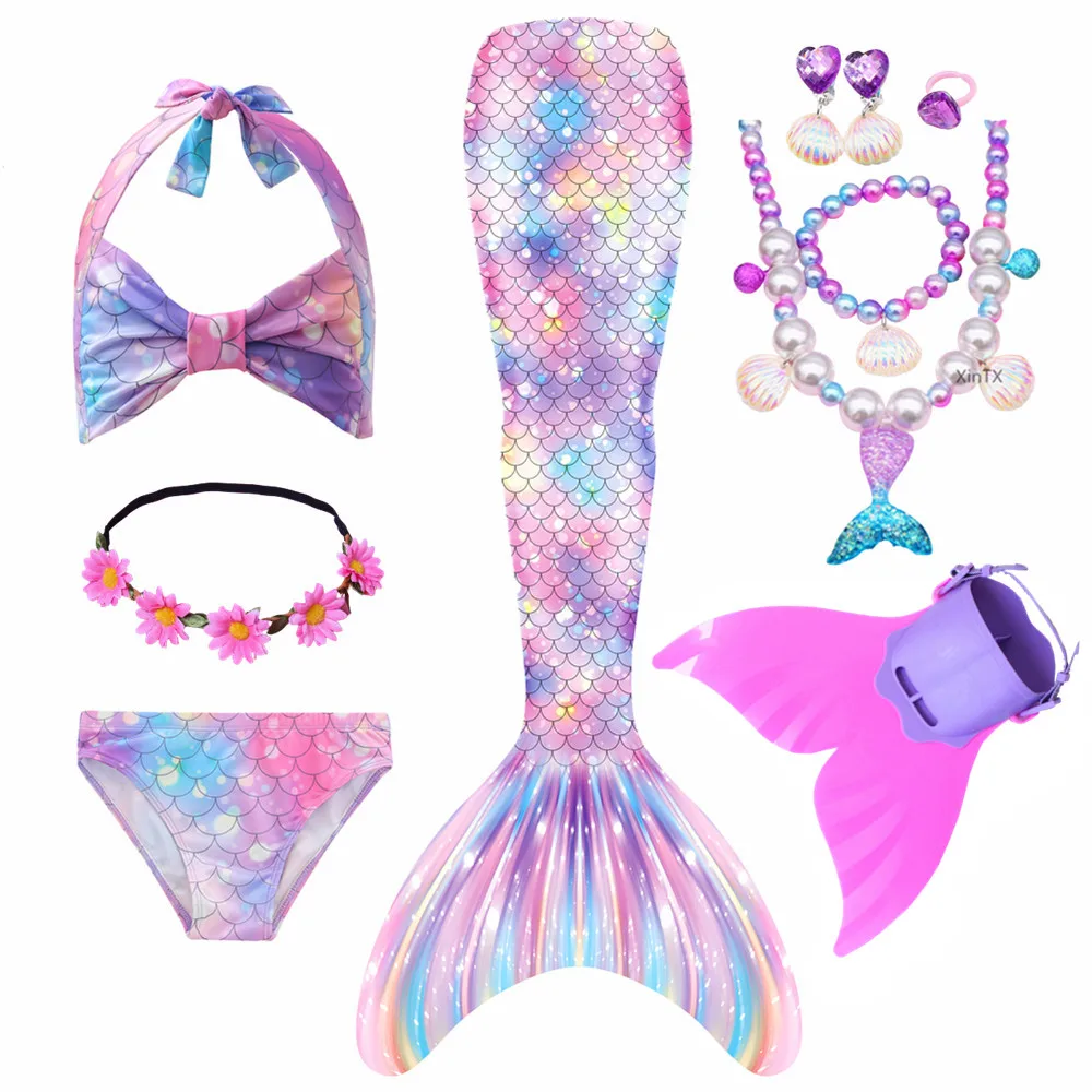 

2022 NEW Arrival Rainbow Pink Mermaid Tail Swimsuit with Fin for Kids Girls Holiday Dress Costume Bathing Suit