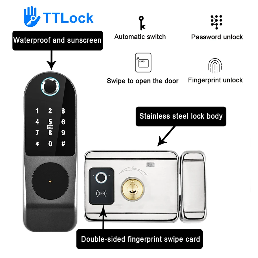Waterproof Smart Lock For Gate Outdoor Keyless Electric Rim Wifi Double-Sided Fingerprint Reader Lock With Tuya Ttlock Life App