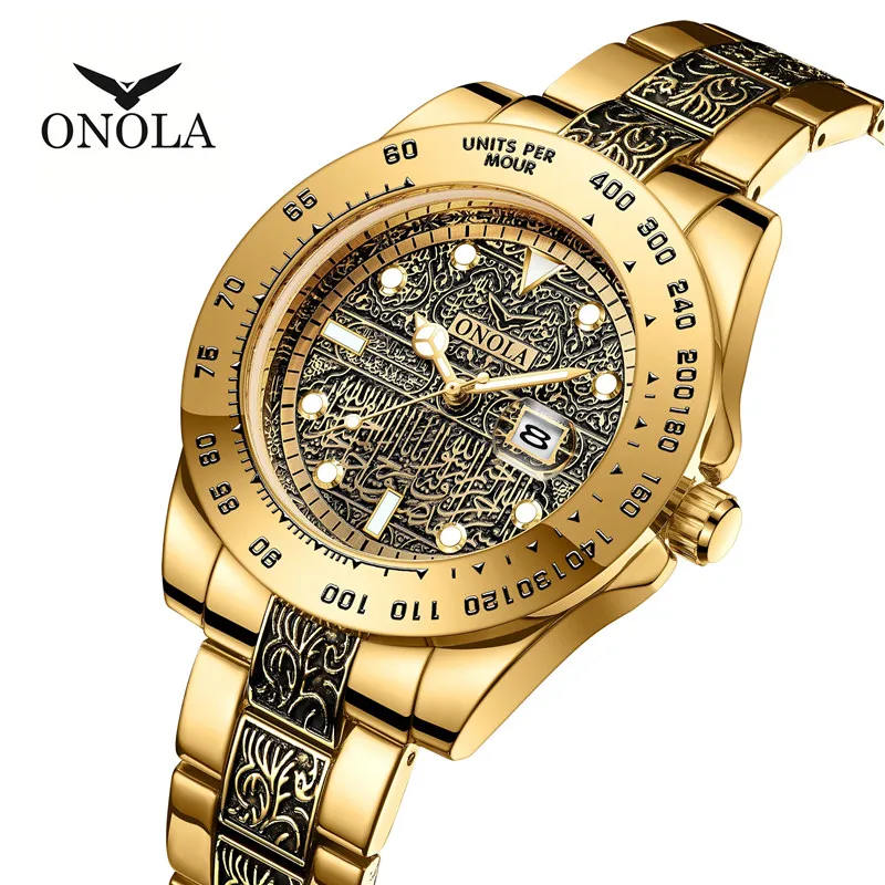 ONOLA Business Casual luxury Retro Stainless Steel Golden Men's Watch High Quality Quartz Male Boy Gift Clock Relogio Masculino