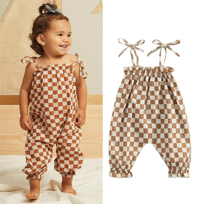 

Infant Baby Girls Summer Jumpsuit Spaghetti Tie Strap Checkerboard Plaid Lantern Romper Outfits Sleeveless Lace Up Plaid